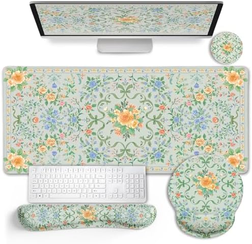 LIMKRIAN Floral Desk Mat Set, Cute Green Mouse Pad with Gel Wrist Rest