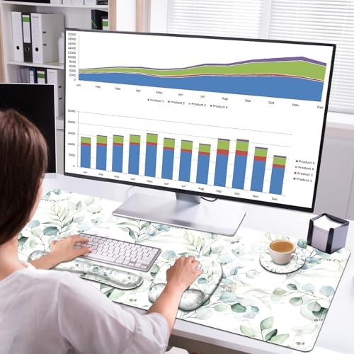 Large Mouse Pad with Wrist Support 4in1 Set, XXL Big Game Mousepad +Keyboard Wrist Rest+Mouse Wrist Rest+Coaster with Ergonomic Design Gaming Mat for Home Office Computer I Eucalyptus Branches