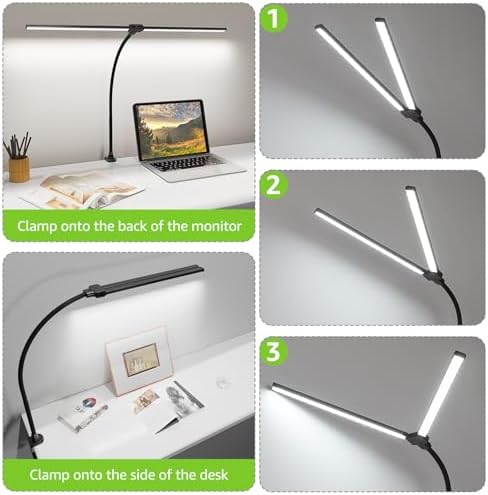 ShineTech LED Desk Lamp for Home Office, 3000K Warm White Double Head Architect Task Lamps with Clamp, Dimmable Adjustable Flexible, Black