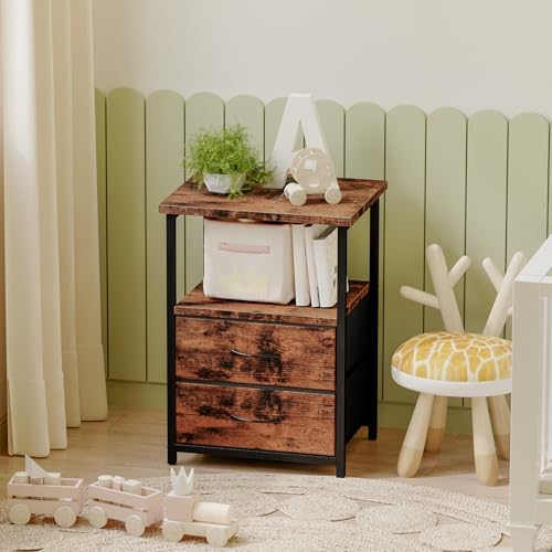 Fixwal Night Stand with Charging Station, 2 Fabric Drawers, Rustic Brown