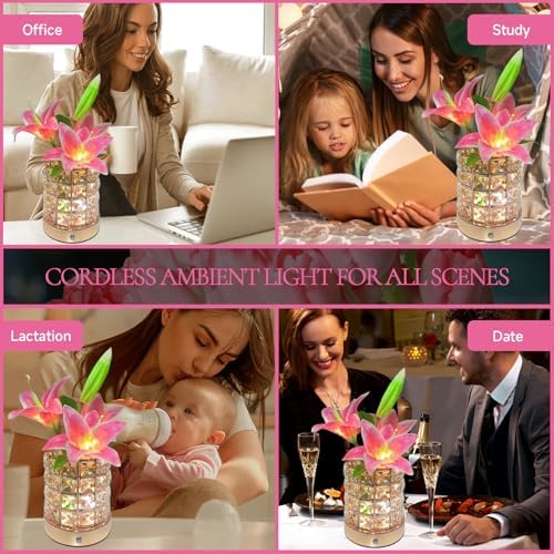 Lily Flower Lamps, Rechargeable Cordless Small Desk Lamp, 3 Colors Dimmable Artificial Flowers Night Light, Fake Bouquet 3 Lilies with Crystal Vase for Home Date Party Decoration (Pink - Lily)