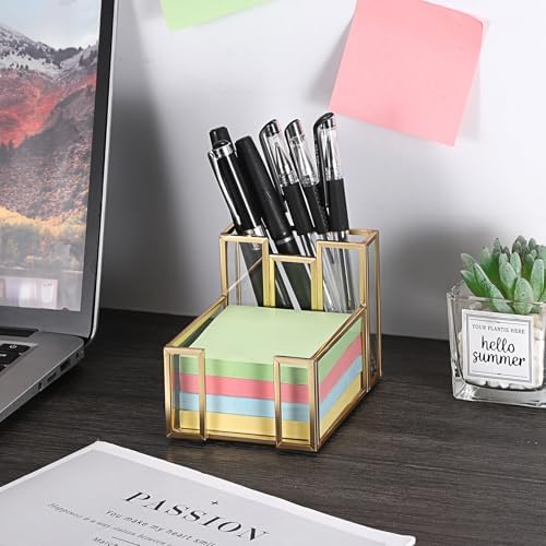 BTSKY Golden Glass 3x3 Inch Sticky Note Holder with Pen Slot