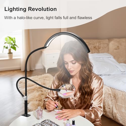 Half Moon Desk Lash Light with 4X Magnifier, 2-in-1 Dual Arm Gooseneck Clamp Lamp for Eyelash Extension, Shadow-Free Esthetician Light, Adjustable Color & Brightness for Tattoo, Sewing, Crafts