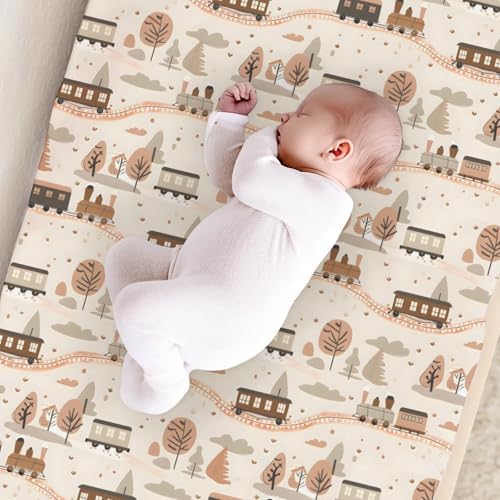 Cartoon Train Transportation Trees Pattern Baby Changing Pad Cover, Unisex Train Nursery Diaper Changing Table Pad Mat Sheet for Boys Girls-16x32