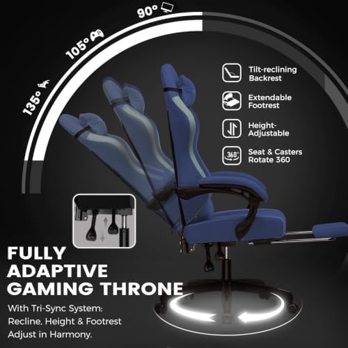 GTPLAYER Gaming Chair Fabric with Pocket Spring Cushion, Big and Tall Gamings Chairs 350LBS High Back Computer Chair with Footrest for Adults Lumbar Support Swivel Game Chair for Office Dark Blue