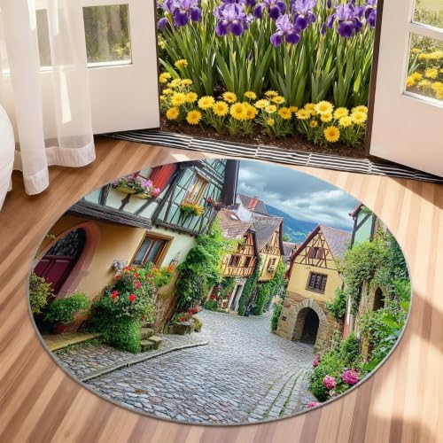Munich Round Area Rug - 3.3ft Vintage Town Round Rug for Kitchen, European Landscape Circle Rugs Washable Soft Non-Slip Carpet for Bathroom Kitchen Decor Mat