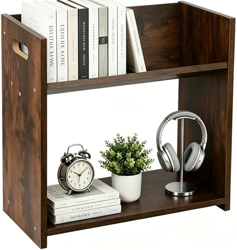 Desktop Bookshelf, 2 Tier Desk Shelf Organizer, Wood Office Tabletop Bookcase, Small Tabletop Book Rack, Portable Mini Bookcase for Book Display, Office, Home, Bedroom, Storage and Display