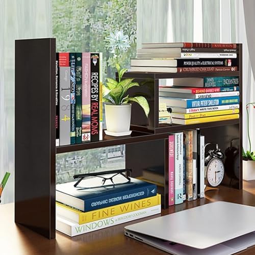 Desktop Shelf Organizer, Adjustable Wood Office Storage Rack, Counter Display Small Bookshelf for Home/Office/School(Dark Walnut)