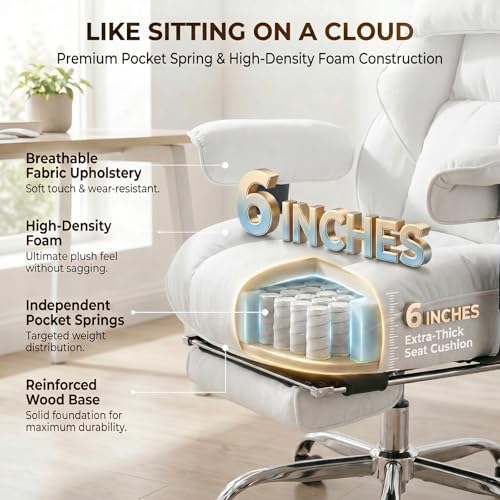 mokodo Big and Tall Office Chair 400lbs, Breathable Fabric Executive Desk Chair with Pocket Spring Cushion, 155° Reclining Computer Chair with Integrated Headrest & Lumbar Pillow (White)