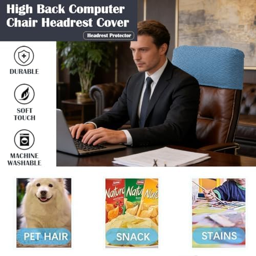 Stretch Office Chair Headrest Cover Jacquard Headrest Slipcover for Office Chairs Non Slip Head Rest Chair Furniture Protector for High Back Computer Chairs Set of 2 Lake Blue