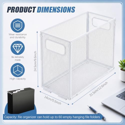 Zhengmy 3 Pcs Hanging File Organizer Letter Size File Holder Metal Mesh Filing Box Desktop Folder Letter Storage Cabinets Magazine Holder with Handles for Home Office School Document (White)