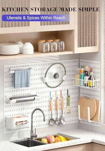 Pegboard Wall Organizer Set – 4 Peg Boards with Hooks & Shelves – Office, Kitchen, Gaming Room Desk Pegboard Storage – Peg Board Wall Display Rack (White)