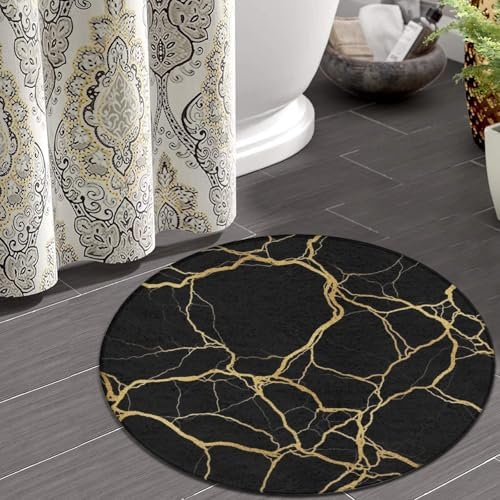 Men's Large Home Decor Mat, Soft Round Yoga Carpet, Non Slip Machine Washable Home Office Circle Rug Black Marble Gold Texture Art, 36inch