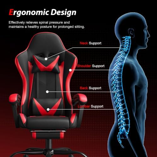 Gaming Chair, Ergonomic Computer Chair with Footrest Lumbar Support, Red