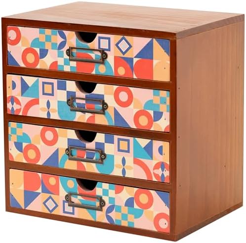 Add Color To Your Desk - MCM Geometric Wooden Desk Organizer - Desktop Storage with 4-Drawer - Wood Cabinet for Office Supplies, Craft Tools, & Home, Countertop, Tabletop Organization