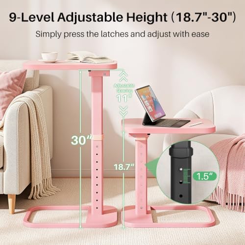 Kitstorack TV Tray Table, Adjustable Height & Rounded Metal Corners, Snack Table for Couch, Sofa, Bed, Chair, Living Room, C Shaped End Side Table for Eating, Dinner or Laptop, Small Spaces, Pink