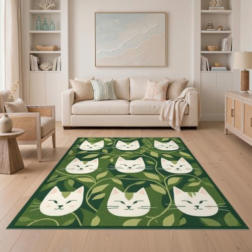 5'x7' Green Cat Forest Faces Interlinked by Ultra-Soft Area Rug