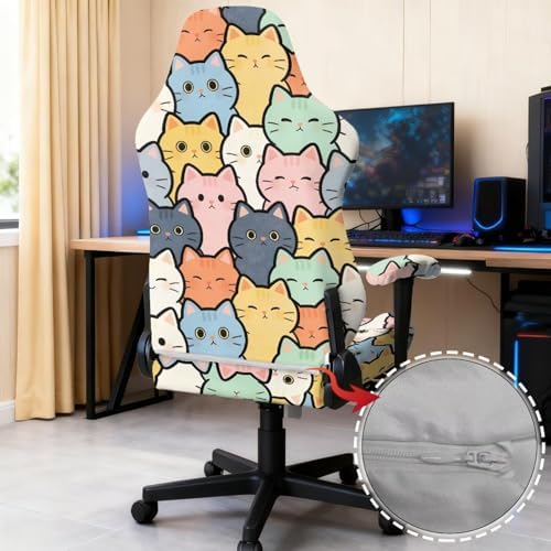Cute Cat Print Gaming Chair Cover with Armrest Covers Stretch Non Slip Furniture Protector Washable Stain Resistant Office Desk Chair Slipcover
