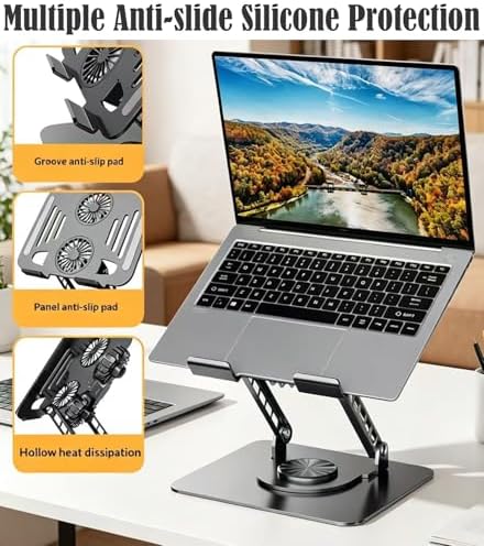 Laptop Tablet Cooling Stand with 360° Rotation Base and USB Dual Cooler, Adjustable Height Support Compatible with Tablets, iPad, 10-17" Notebook (Silver)