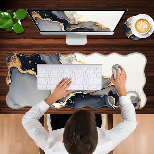 Mouse Pad with Wrist Support + Desk Mat + Coaster 3 in 1 Set, XL Large Gaming Mousepad Ergonomic Mouse Pads for Desk Computer Laptop Office,Black Gold Marble