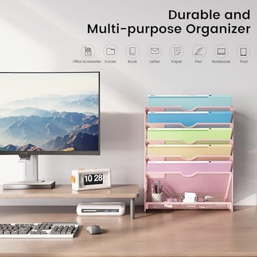 Pink Desk Organizer, Hanging Wall File Organizer with 6 Tiers