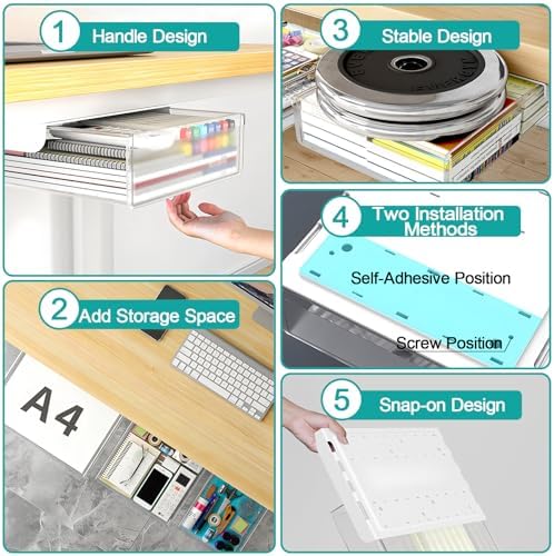 SVNNELP Under Desk Table Drawer Storage Organizer,3 Pack Small & Medium & Large Slide Out Desk Drawers - Hidden Desktop Organizer,Adhesive Storage Pencil Tray Under Table(Clear/LMS)