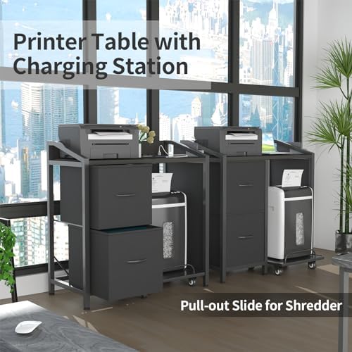 Printer Stand with Storage, Lateral Office Filing Cabinets with Power outlets & USB Charging Port, File Cabinet with Large Printer Stands for Home Office, Shredder Stand Rack (Black)