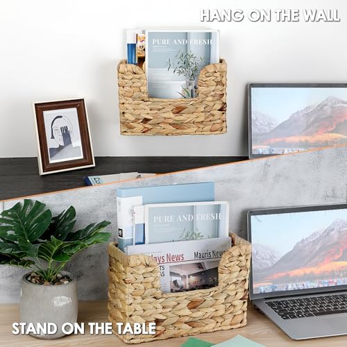 BTSKY Woven Magazine Holder, Hanging Water Hyacinth Mail Baskets for Wall