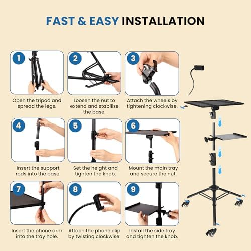 Projector Stand Tripod - 28.7 -54.3 Inch Adjustable Laptop Tripod Stand with Wheels - Dual Tray Portable Laptop Stand with Phone Holder for Office, Home, Stage, DJ Equipment & Outdoor Movies