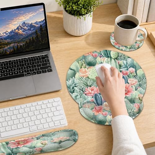 Ergonomic Keyboard and Mouse Wrist Rest Set, Cactus Flower Succulent Plant Mouse Pad with Non Slip Base, Soft Cloth Surface for Office and Home Typing Support