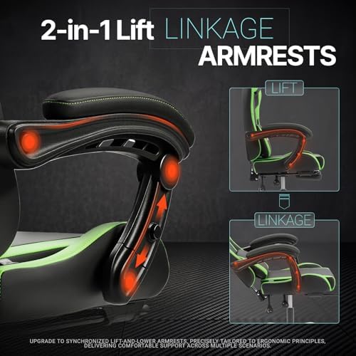 Dowinx Gaming Chair Ergonomic, Massage Lumbar Support, Footrest, Adjustable Height & Headrest Pillow, Heavy Duty 330lbs Office Chair, Comfortable for Back Pain Relief Long Gaming Streaming Deep Green