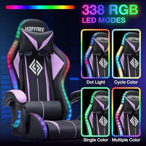 RGB Gaming Chair with Bluetooth Speakers LED Lights Computer Chairs-Purple