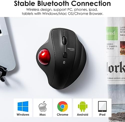 SANWA Bluetooth Trackball Mouse, Wireless Silent Click Roller Ball Mouse, Programmable with Software, 600/800/1200/1600 DPI, Precise Thumb Control, Compatible with Win, Mac, Laptop, PC - Red Ball
