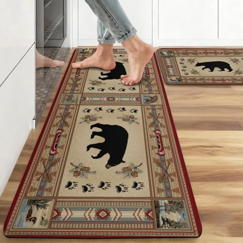 Rustic Lodge Bear Anti Fatigue Kitchen Mats, 17.3"x47"+17.3"x29"