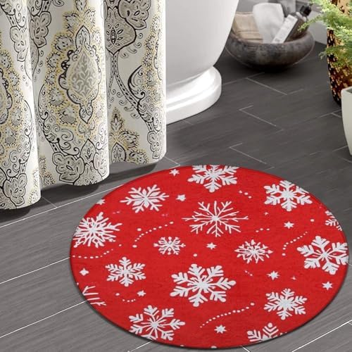 Large Home Decor Mat, Soft Round Yoga Carpet, Non Slip Machine Washable Home Office Circle Rug Snowflakes Christmas Red Print
