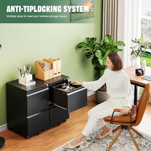 Letaya Mobile File Cabinet with Lock,2 Drawer Under Desk Metal Rolling Filing Cabinets for Home Office Organizer Letters/Legal/A4(Fully Assembled-Black) (Pack of 2)