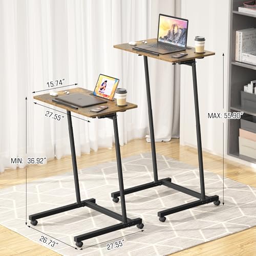 Eocnrhe Treadmill Desk, Mobile Small Standing Desk with Wheels for Walking Pad, Portable Table for Laptop, Rolling Table Adjustable Height, Bedside Table，Brown