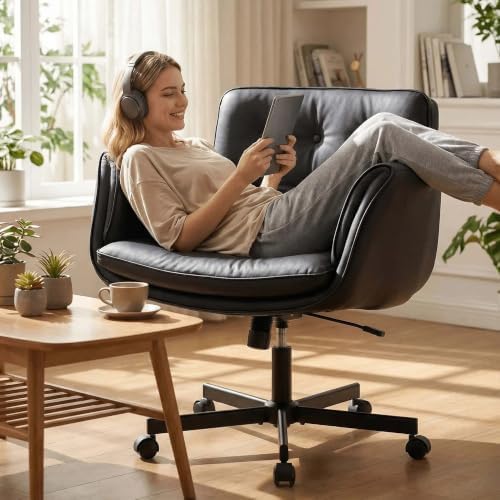 Criss Cross Chair with Lumbar Airbag & Folding Arms Relieve Back Pain, Wide Cross Legged Office Chair for Home Office, Comfy Swivel Desk Chair with Wheels, 5 Level Adjustable Armrest, Leather(Black)