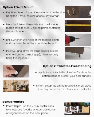 DLQuarts Solid Wood Mail Organizer Countertop or Wall Mounted, Dark Walnut