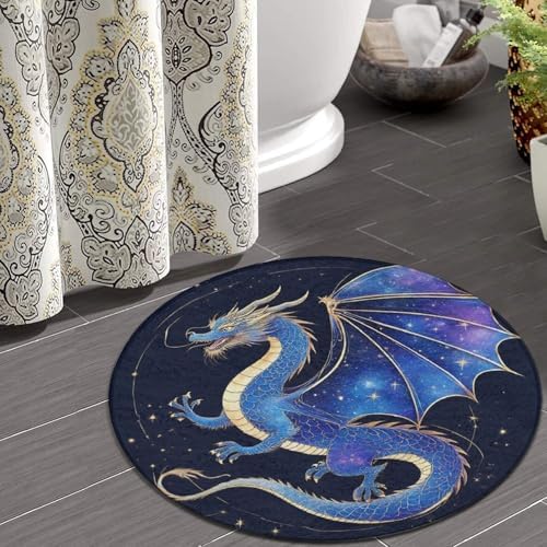Large Home Decor Mat, Soft Round Yoga Carpet, Non Slip Machine Washable Kitchen Office Circle Rug Dragon Space