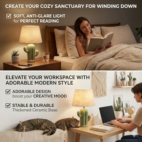Cactus Lamp, Cute Modern Desk Lamp with Beige Linen Fabric Lampshade & Ceramic Base, Adorable Night Light for Bedroom Nightstand