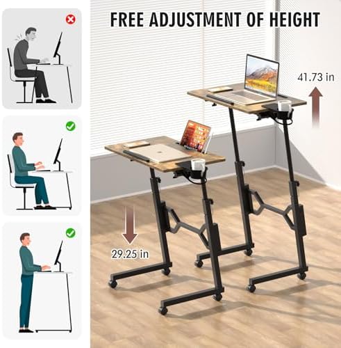 Enayplon Small Standing Desk with Wheels, Portable Treadmill Desk, Rolling Desk Adjustable Height for Laptop, Mobile Standing Table for Walking Pad, Bedside Table