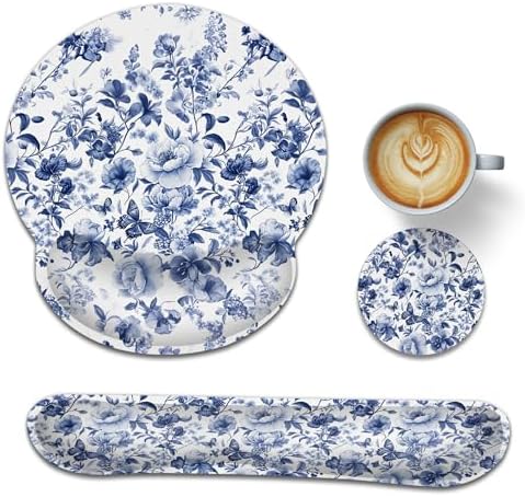 Ergonomic Keyboard and Mouse Wrist Rest Set, Blue Butterfly Flower Berry Mouse Pad with Non Slip Base, Soft Cloth Surface for Office and Home Typing Support