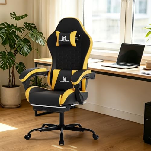 Gaming Chair, Computer Office Chair with Footrest, Adjustable Height & Backrest Gaming Chairs with Swivel for Adults, High Back PU Leather Ergonomic Chair with Lumbar Support, Blackyellow
