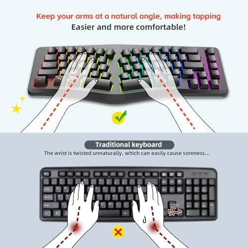 HXMJ-Wired Ergonomic Gaming Keyboard,Mechanical Feel,Detachable USB Cable,69 Keys,RGB Backlit-Black