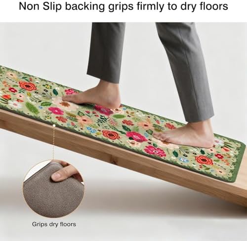 Boho Floral Anti Fatigue Kitchen Rugs and Mats, 17.3"x47"+17.3"x29"