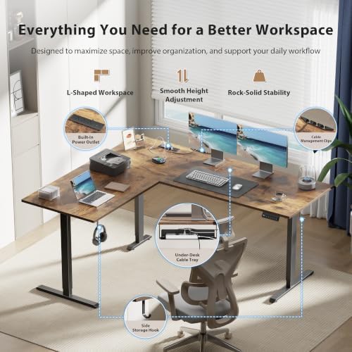 63 Inch L Shaped Electric Standing Desk, Corner Workstation, Rustic Brown