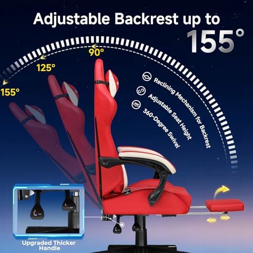 GTPLAYER Gaming Chair, Video Game Chairs with Footrest and Lumbar Support, Computer Chair for Adults with Extended Backrest, Ergonomic Reclining Silla Gamer, PU-Leather, Red