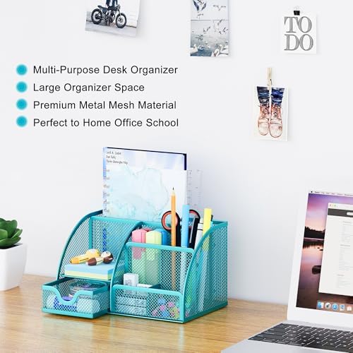 EasyPAG Mesh Desk Organizer with Drawer Multi-functional Pen Holder Stationery Organizer for Office School Supplies 6 Compartments Dorm Organizers and Storage for Desk, Blue