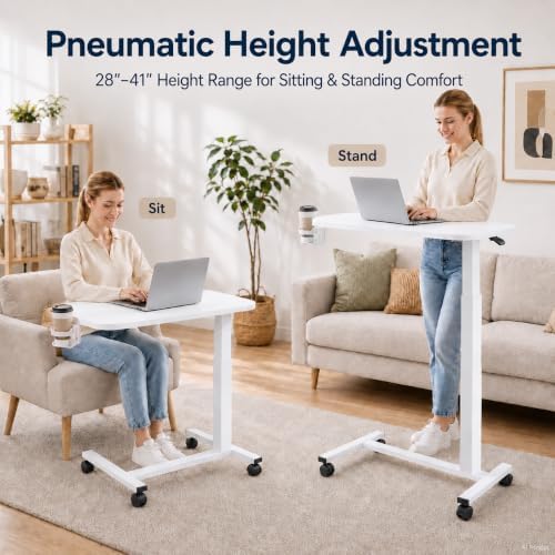 GTPLAYER Mobile Rolling Desk, Adjustable Height Laptop Table, 28 Inch White